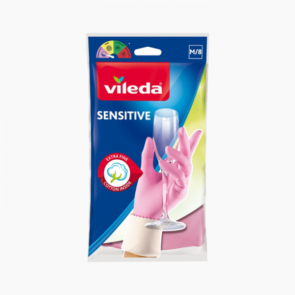قفازات التنظيف الحساسة من فيلدا (Vileda Sensitive Gloves) بمقاس متوسط (M/8).